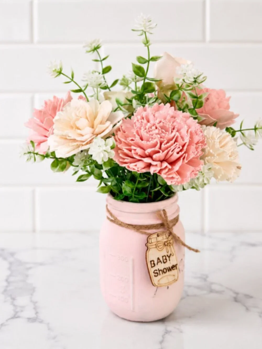 Pink Sola Wood Floral Arrangement in Mason Jar Baby Shower Nursery Decor Gift